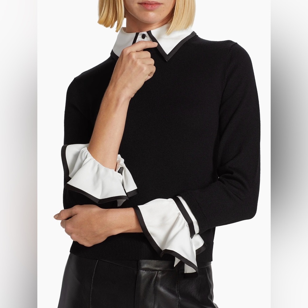 Alice + Olivia Black Sweater with White Contrast Collar and Cuff Details - Picture 6 of 9